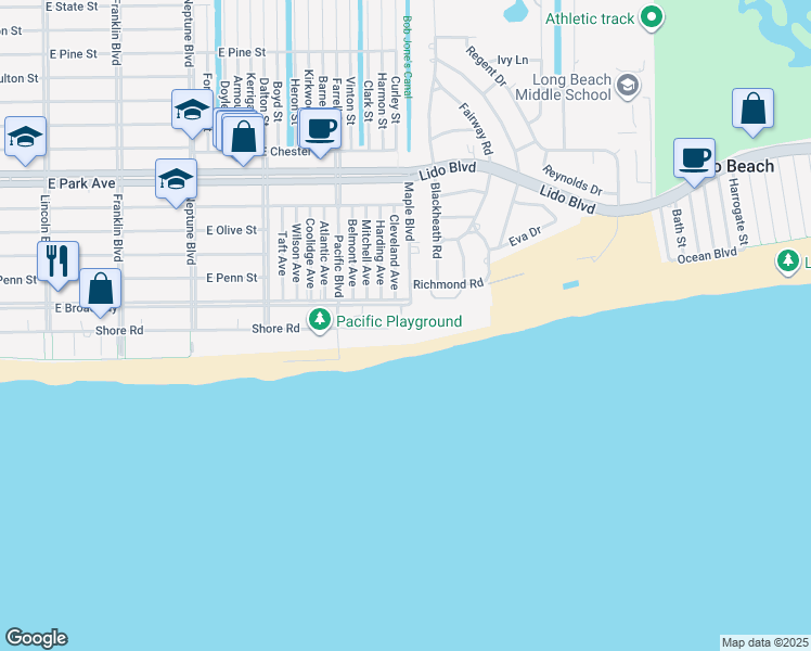 map of restaurants, bars, coffee shops, grocery stores, and more near 860 East Broadway in Long Beach