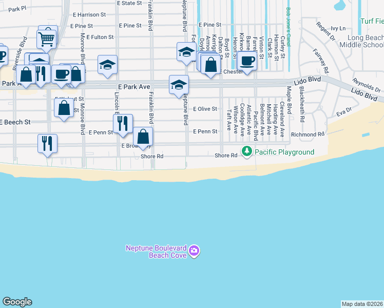 map of restaurants, bars, coffee shops, grocery stores, and more near 25 Neptune Boulevard in Long Beach