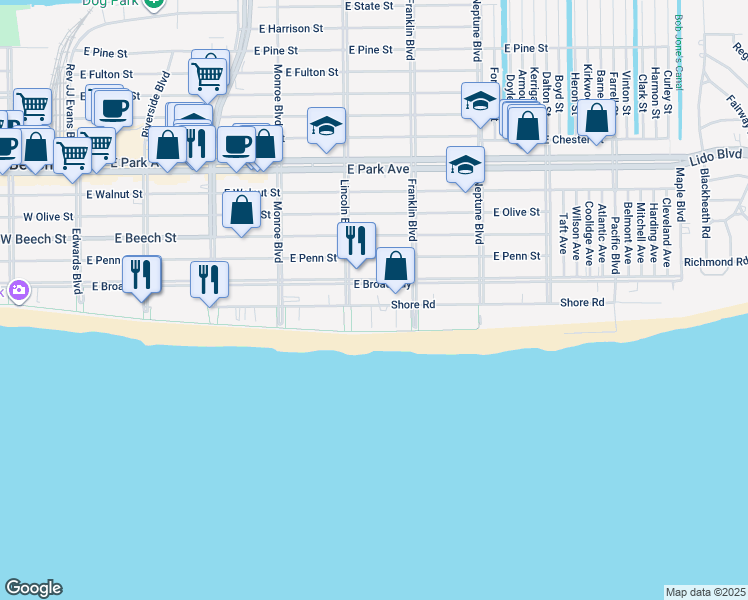 map of restaurants, bars, coffee shops, grocery stores, and more near 420s Shore Road in Long Beach
