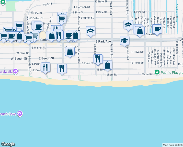 map of restaurants, bars, coffee shops, grocery stores, and more near 365 Shore Road in Long Beach