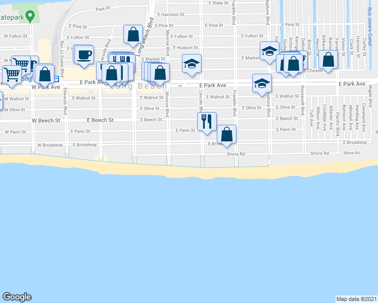 map of restaurants, bars, coffee shops, grocery stores, and more near 365 Shore Road in Long Beach