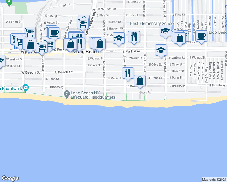 map of restaurants, bars, coffee shops, grocery stores, and more near 325 Shore Road in Long Beach