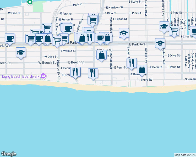 map of restaurants, bars, coffee shops, grocery stores, and more near 239 Shore Road in Long Beach