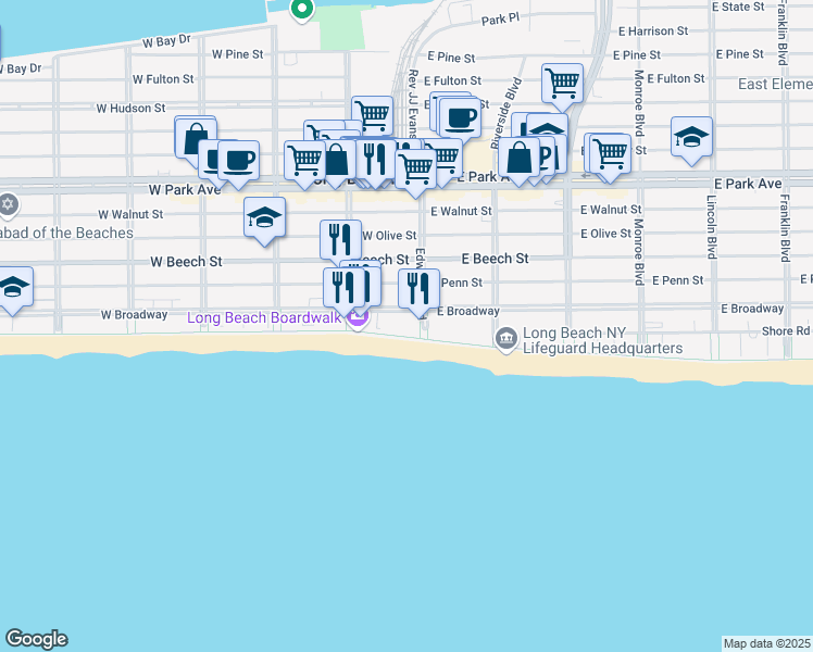 map of restaurants, bars, coffee shops, grocery stores, and more near 26 East Broadway in Long Beach