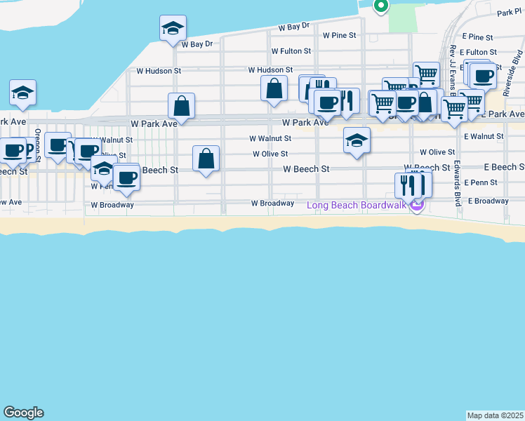 map of restaurants, bars, coffee shops, grocery stores, and more near 408 Oceanfront in Long Beach