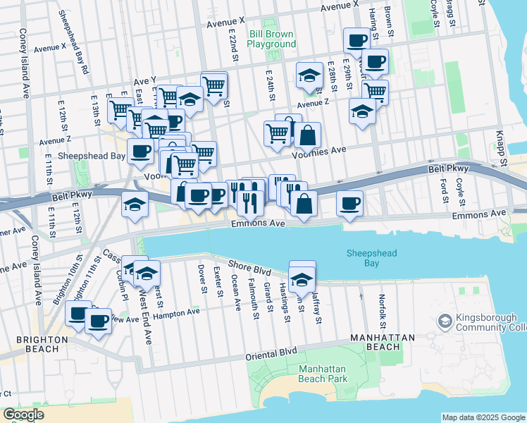 map of restaurants, bars, coffee shops, grocery stores, and more near 2235 Emmons Avenue in Brooklyn