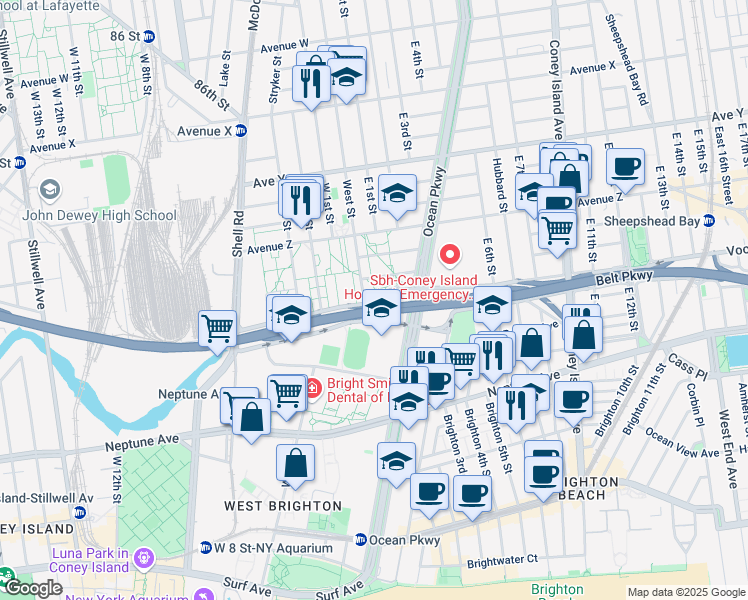 map of restaurants, bars, coffee shops, grocery stores, and more near 2615 Shore Parkway in Brooklyn
