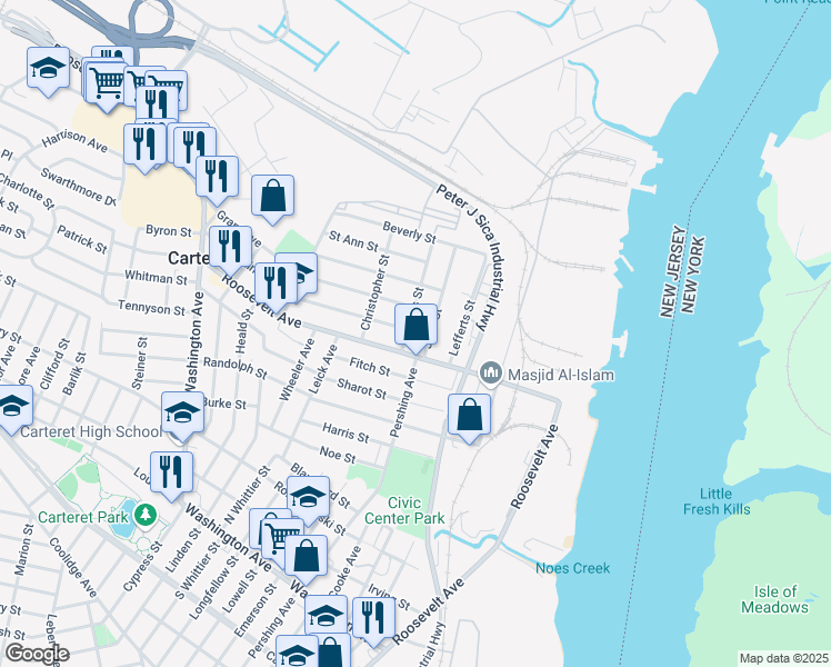 map of restaurants, bars, coffee shops, grocery stores, and more near 1 Charles Street in Carteret