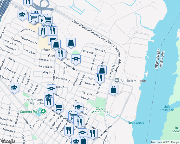map of restaurants, bars, coffee shops, grocery stores, and more near 626 Roosevelt Avenue in Carteret