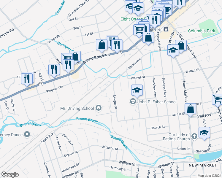 map of restaurants, bars, coffee shops, grocery stores, and more near 146 Levgar Street in Piscataway