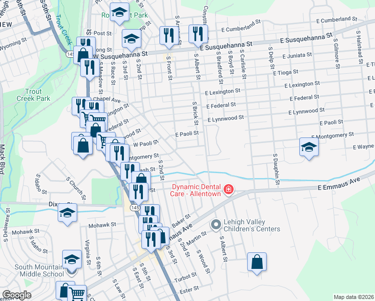 map of restaurants, bars, coffee shops, grocery stores, and more near 22 East Montgomery Street in Allentown