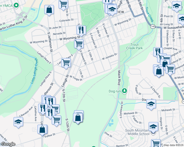 map of restaurants, bars, coffee shops, grocery stores, and more near 1344 South Howard Street in Allentown