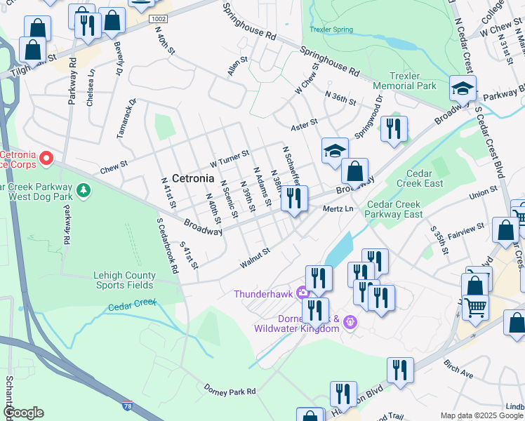 map of restaurants, bars, coffee shops, grocery stores, and more near in Lehigh County