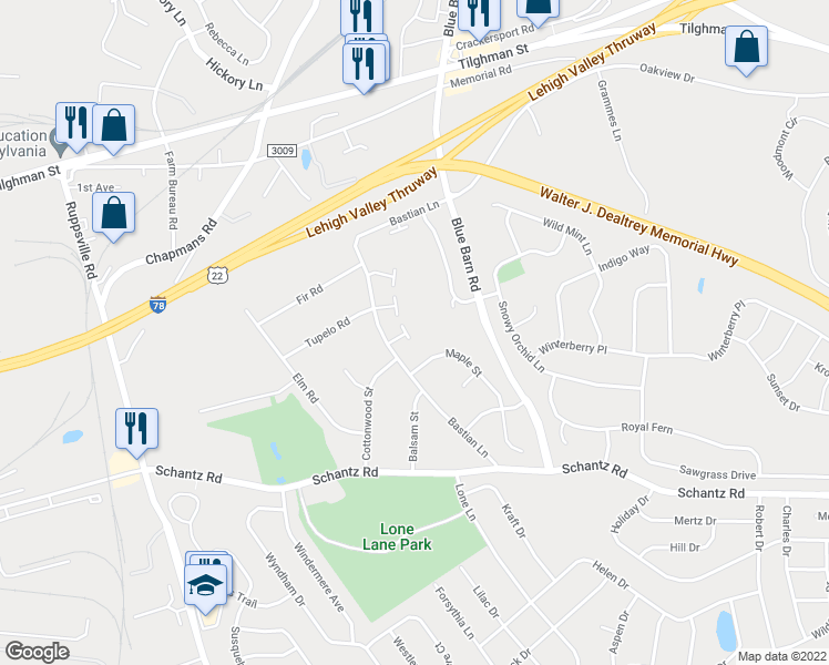 map of restaurants, bars, coffee shops, grocery stores, and more near 216 Briarwood Court in Allentown
