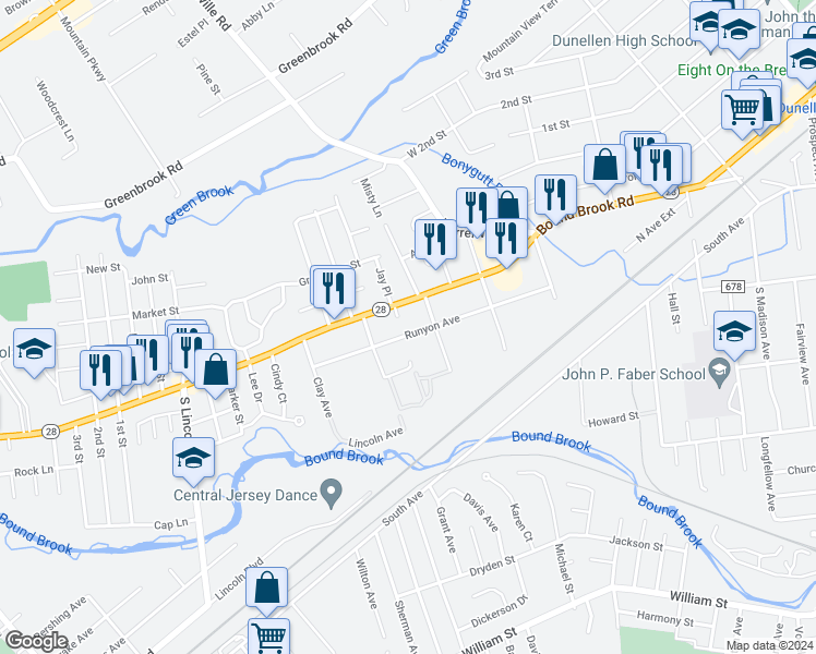 map of restaurants, bars, coffee shops, grocery stores, and more near 321 Runyon Avenue in Middlesex