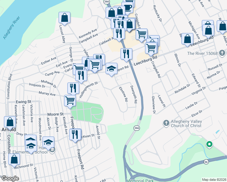 map of restaurants, bars, coffee shops, grocery stores, and more near 288 Elmtree Road in New Kensington