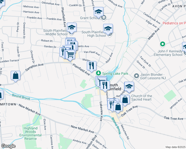 map of restaurants, bars, coffee shops, grocery stores, and more near 2505 Plainfield Avenue in South Plainfield