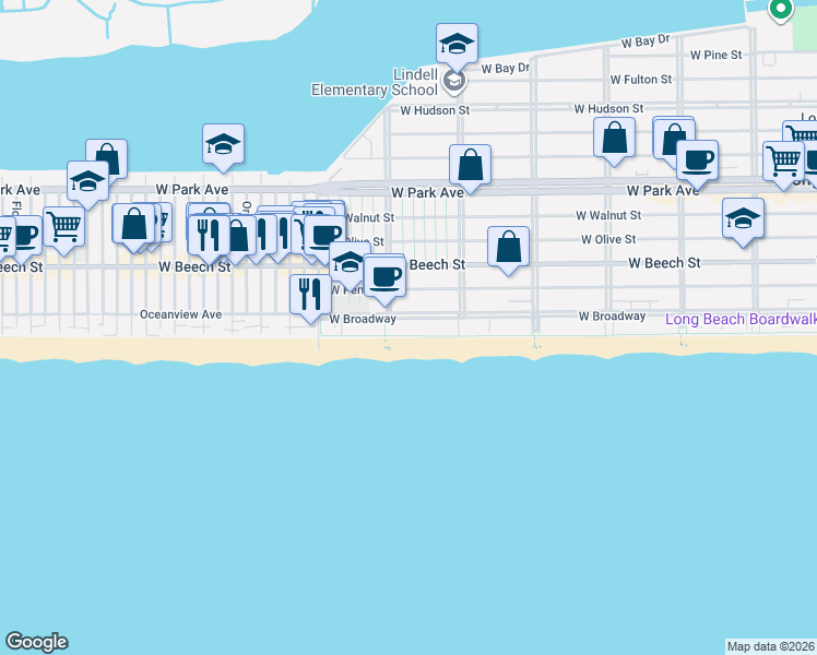 map of restaurants, bars, coffee shops, grocery stores, and more near 640 West Broadway in Long Beach