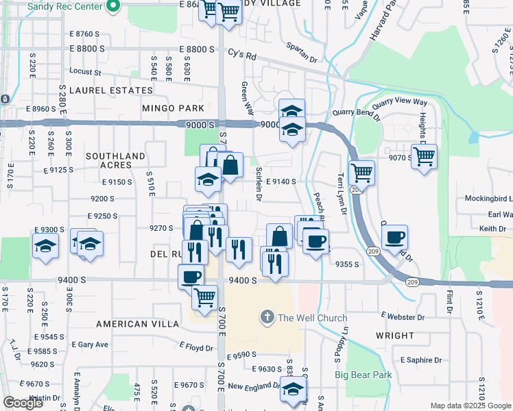 map of restaurants, bars, coffee shops, grocery stores, and more near 9188 Scirlein Drive in Sandy