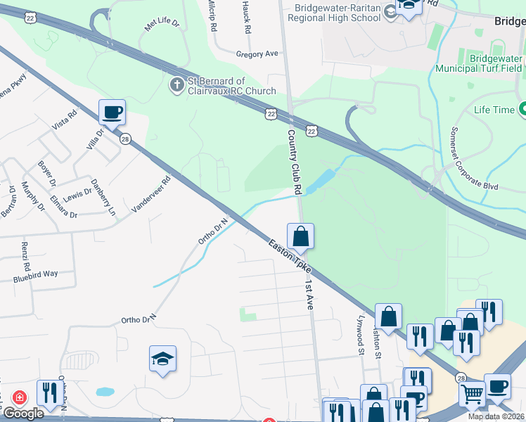 map of restaurants, bars, coffee shops, grocery stores, and more near 580 New Jersey 28 in Bridgewater