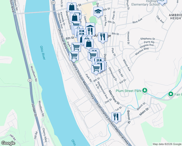 map of restaurants, bars, coffee shops, grocery stores, and more near 436 Park Road in Ambridge