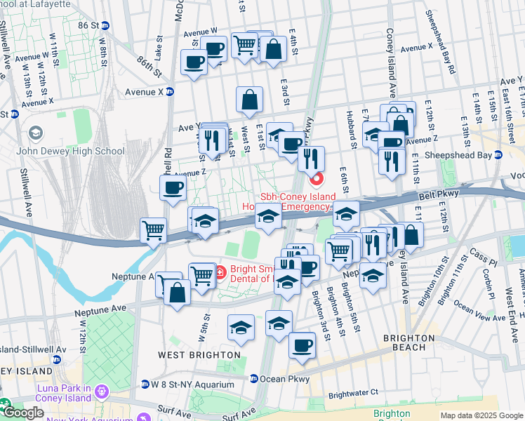 map of restaurants, bars, coffee shops, grocery stores, and more near 2775 Shore Parkway in Brooklyn