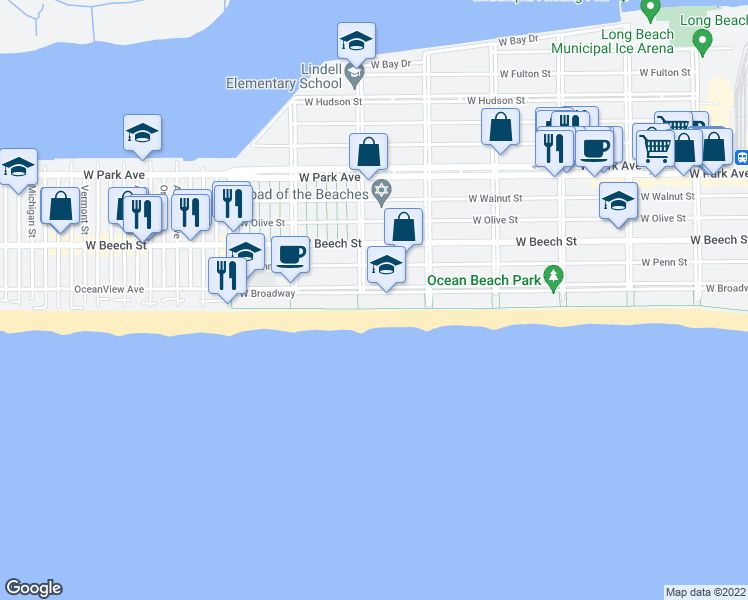 map of restaurants, bars, coffee shops, grocery stores, and more near 530 West Broadway in Long Beach