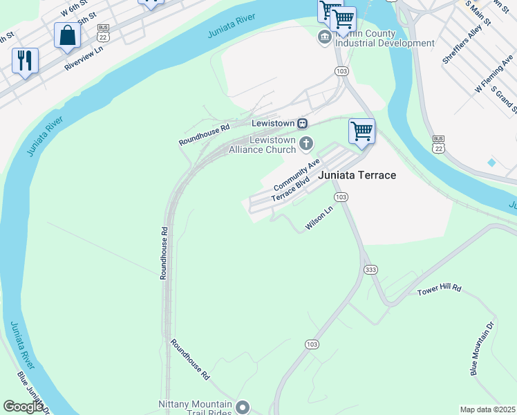 map of restaurants, bars, coffee shops, grocery stores, and more near 345 Terrace Boulevard in Lewistown