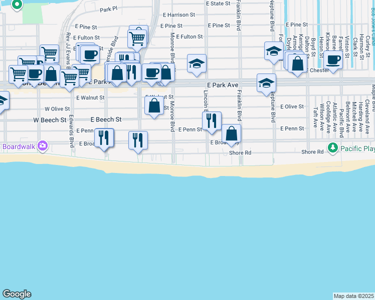 map of restaurants, bars, coffee shops, grocery stores, and more near 325 Shore Road in Long Beach