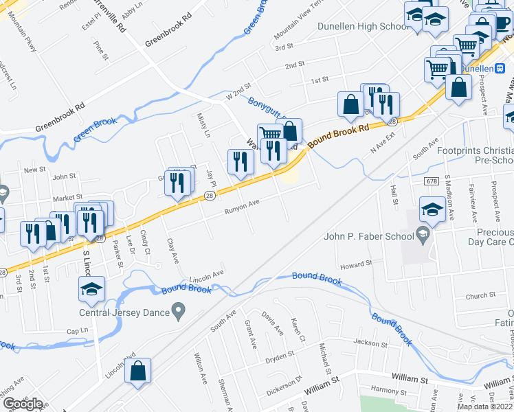 map of restaurants, bars, coffee shops, grocery stores, and more near 230 Runyon Avenue in Middlesex