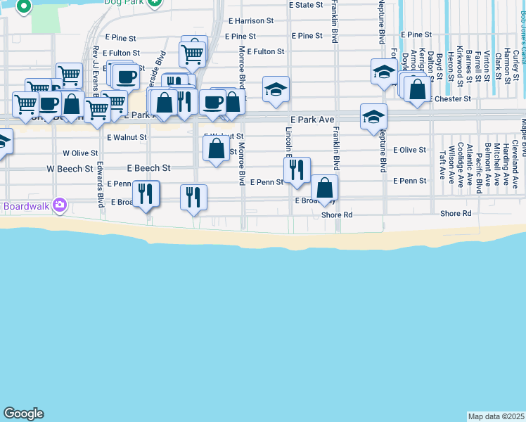 map of restaurants, bars, coffee shops, grocery stores, and more near 325 Shore Road in Long Beach