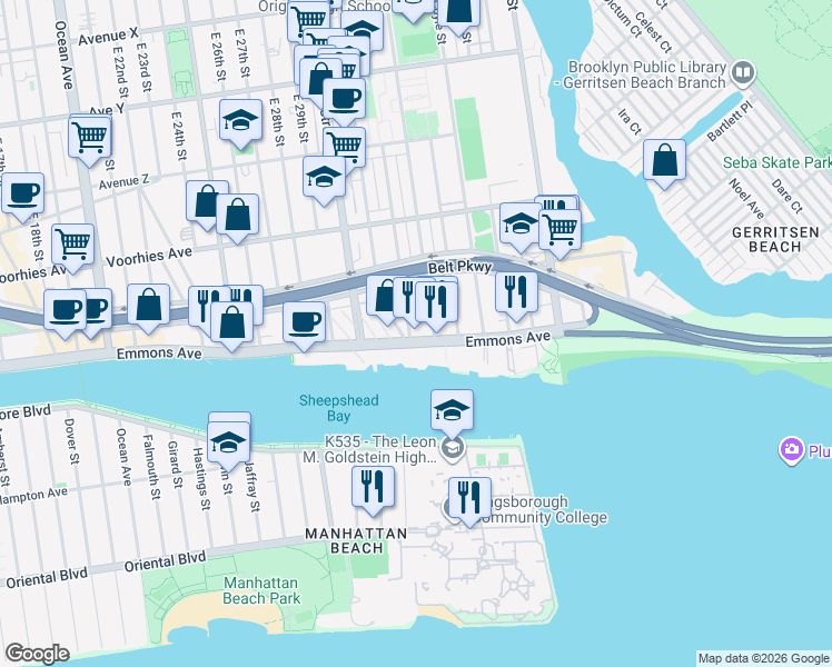 map of restaurants, bars, coffee shops, grocery stores, and more near 3075 Emmons Avenue in Brooklyn