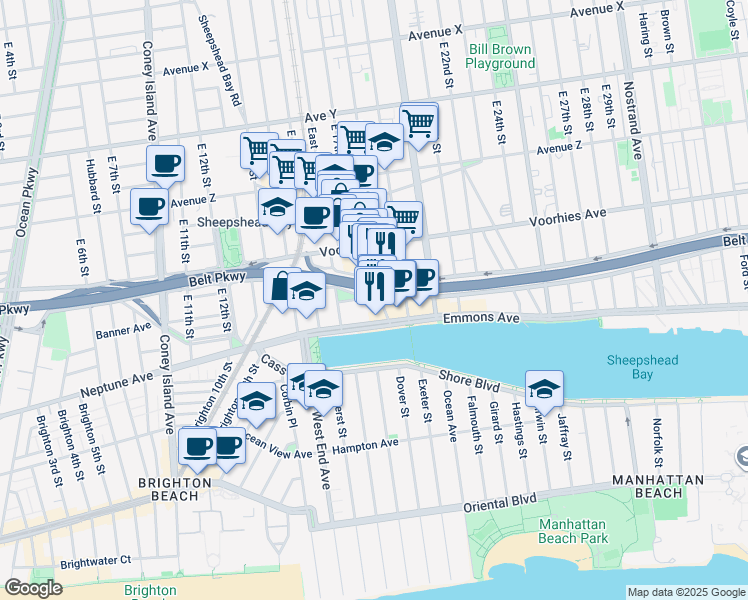 map of restaurants, bars, coffee shops, grocery stores, and more near 3360 Shore Parkway in Brooklyn