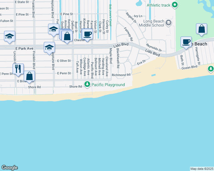 map of restaurants, bars, coffee shops, grocery stores, and more near 71 Harding Avenue in Long Beach