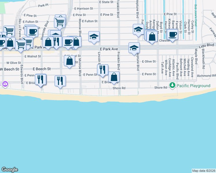 map of restaurants, bars, coffee shops, grocery stores, and more near 420s Shore Road in Long Beach