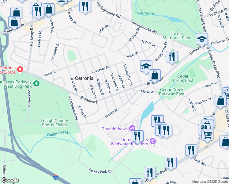 map of restaurants, bars, coffee shops, grocery stores, and more near in Lehigh County