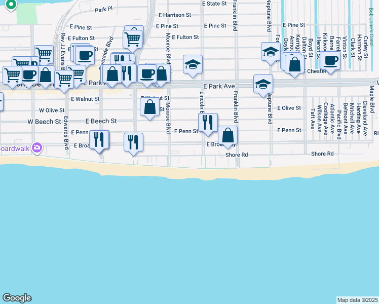 map of restaurants, bars, coffee shops, grocery stores, and more near 365 Shore Road in Long Beach
