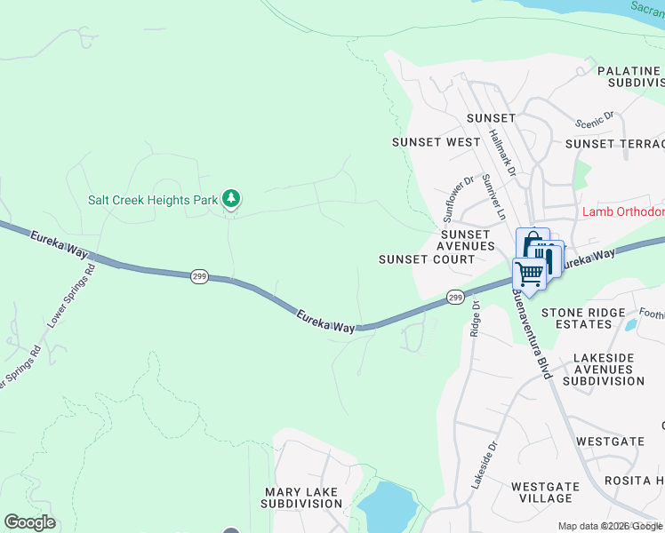 map of restaurants, bars, coffee shops, grocery stores, and more near 1054 Wildwood Ln in Redding