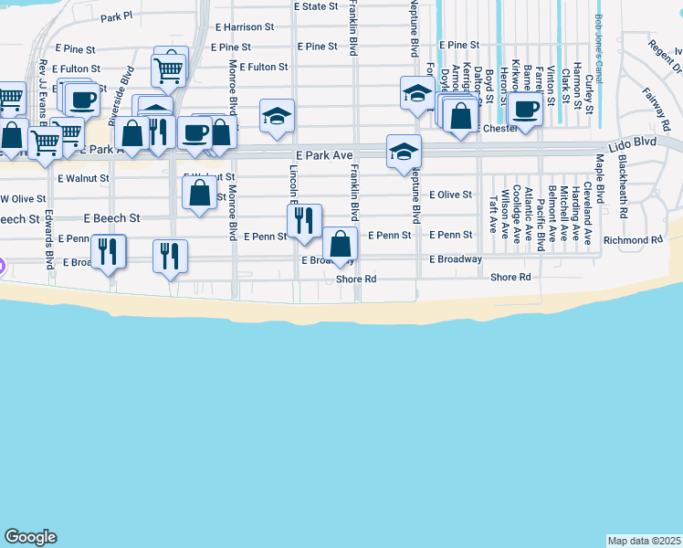 map of restaurants, bars, coffee shops, grocery stores, and more near 25 Franklin Boulevard in Long Beach