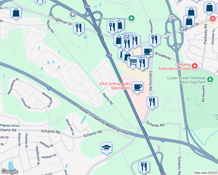 map of restaurants, bars, coffee shops, grocery stores, and more near 270 Blue Sage Drive in Allentown