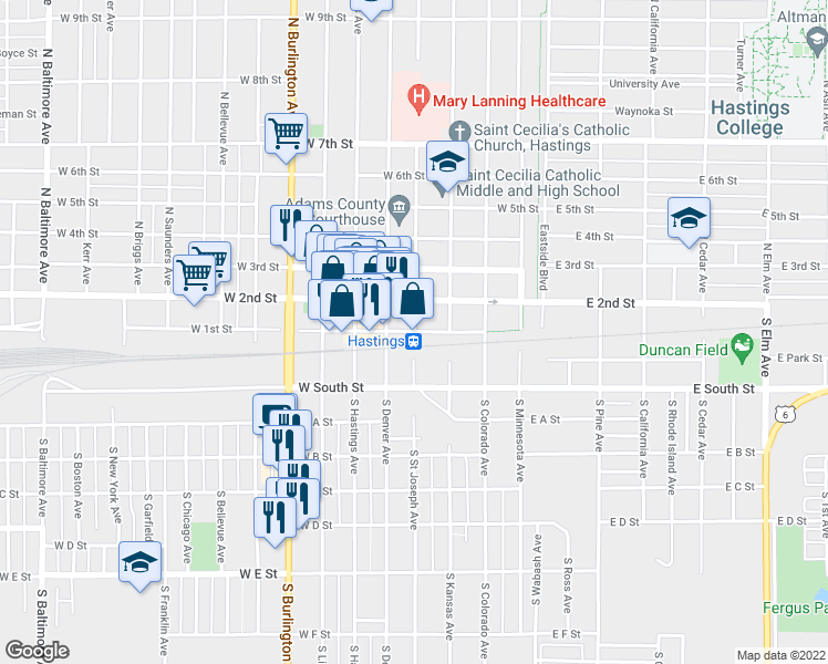 map of restaurants, bars, coffee shops, grocery stores, and more near W 1st St & N St Joseph Ave in Hastings