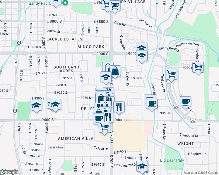 map of restaurants, bars, coffee shops, grocery stores, and more near 9228 South 700 East in Sandy