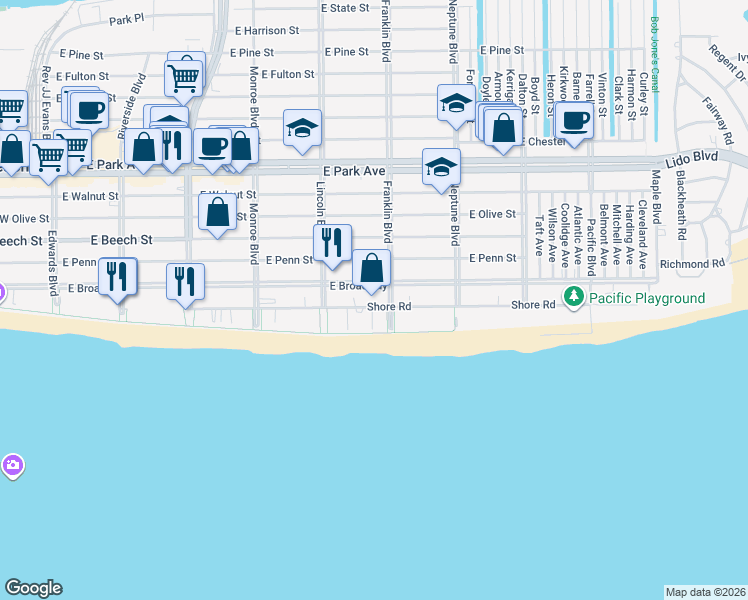 map of restaurants, bars, coffee shops, grocery stores, and more near 465 Shore Road in Long Beach