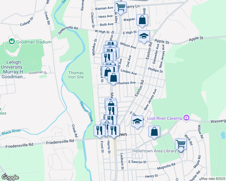 map of restaurants, bars, coffee shops, grocery stores, and more near 1052 1st Avenue in Hellertown
