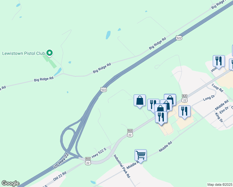 map of restaurants, bars, coffee shops, grocery stores, and more near 221 Cliffside Drive in Lewistown