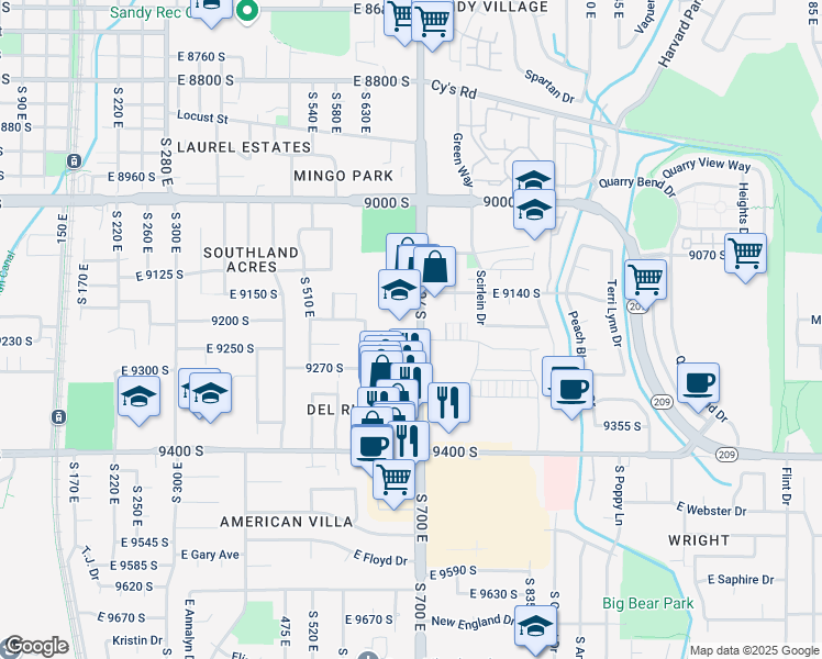map of restaurants, bars, coffee shops, grocery stores, and more near 9228 South 700 East in Sandy