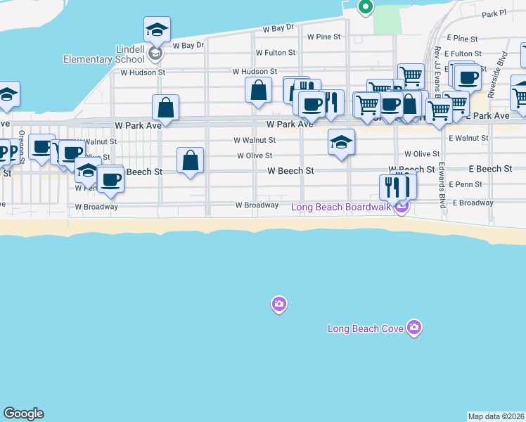 map of restaurants, bars, coffee shops, grocery stores, and more near 370 West Broadway in Long Beach