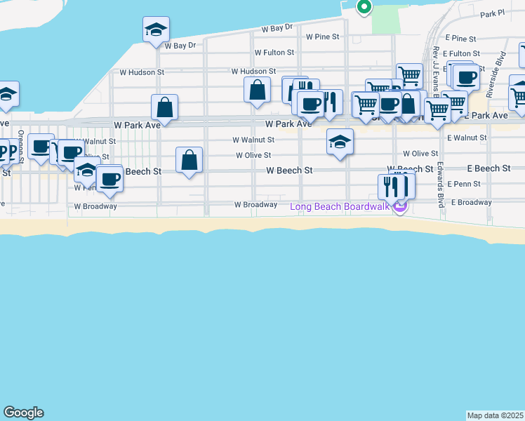 map of restaurants, bars, coffee shops, grocery stores, and more near 408 Oceanfront in Long Beach