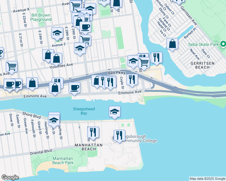 map of restaurants, bars, coffee shops, grocery stores, and more near 3105 Emmons Avenue in Brooklyn