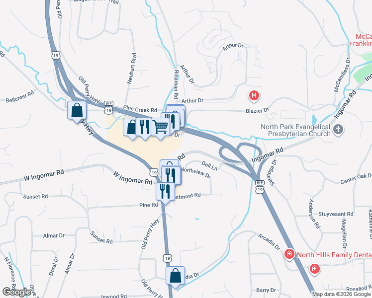 map of restaurants, bars, coffee shops, grocery stores, and more near 273 Ingomar Road in Wexford